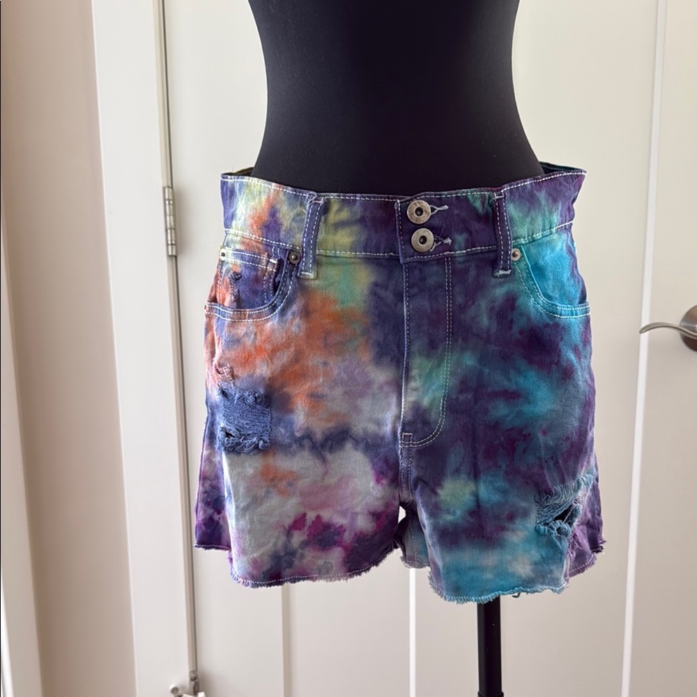 Blue and Purple Tie-Dye Jean Shorts with Distressed Look